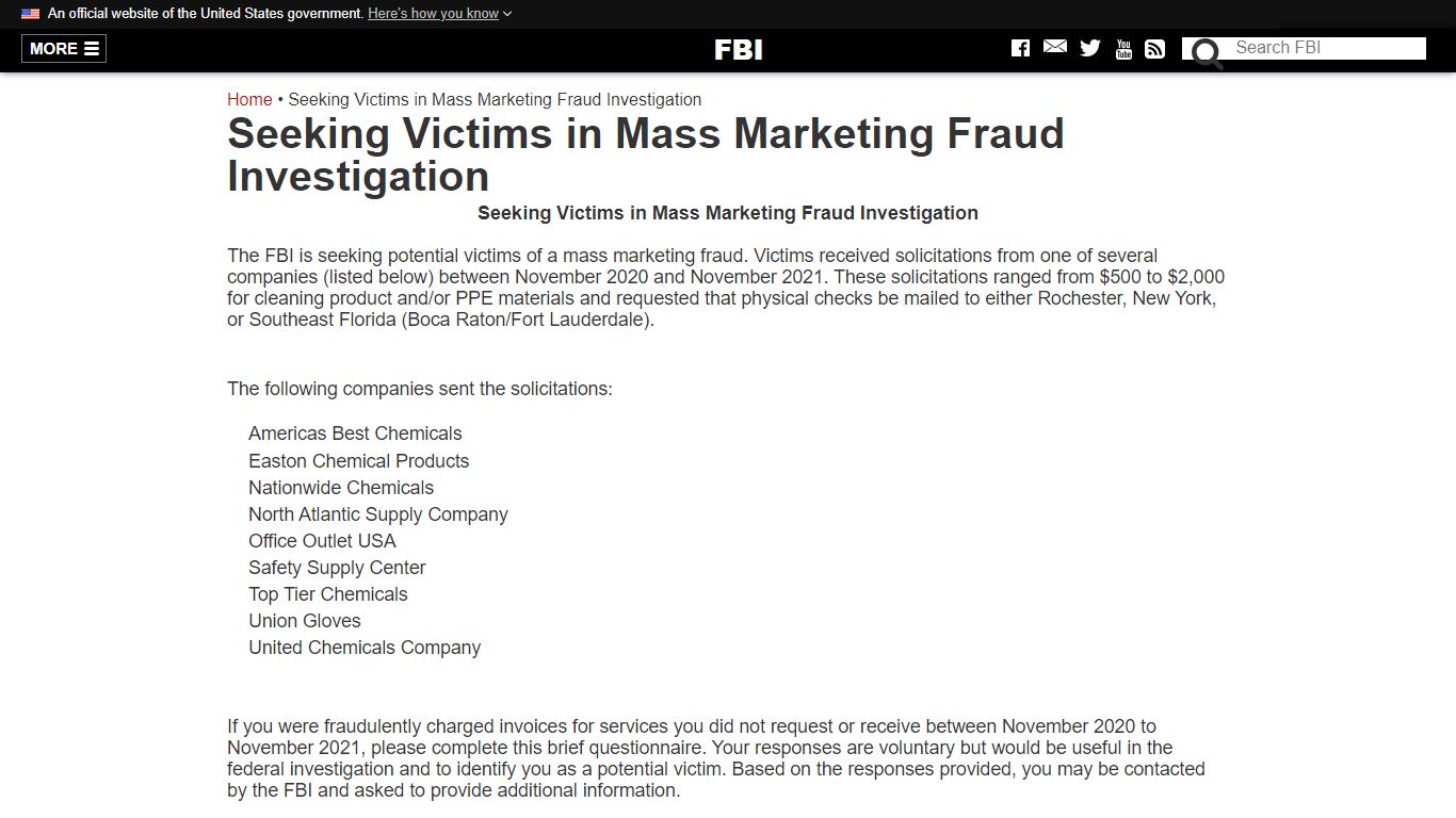 Seeking Victims in Mass Marketing Fraud Investigation - FBI
